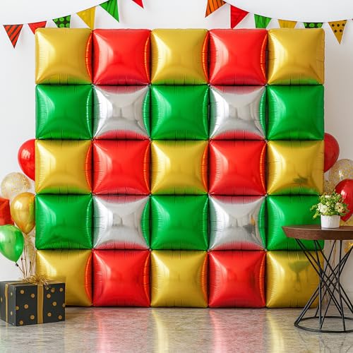 KatchOn Red Green Gold and Silver Square Foil Balloons 19 Inch, Pack of 25