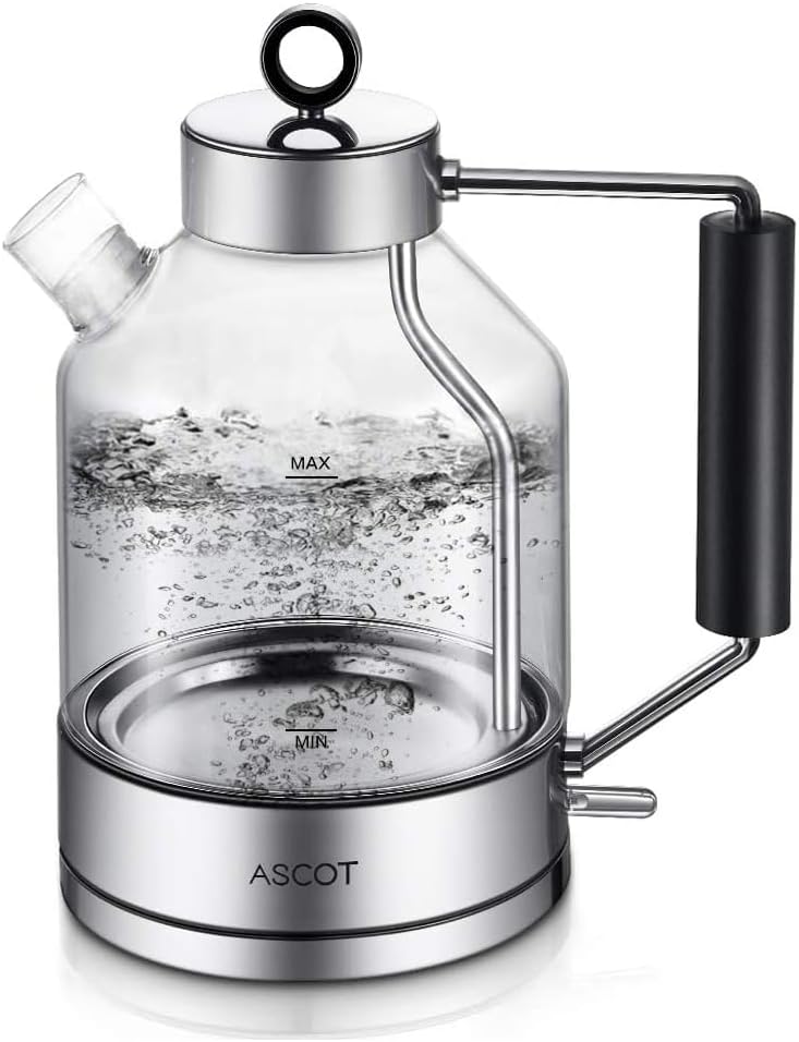 Electric Kettle, ASCOT Electric Tea Kettle 1.5L Glass Electric Kettle, Stainless Steel, BPA-Free, Cordless, Automatic Shutoff, Boil-Dry Protection (Silver)