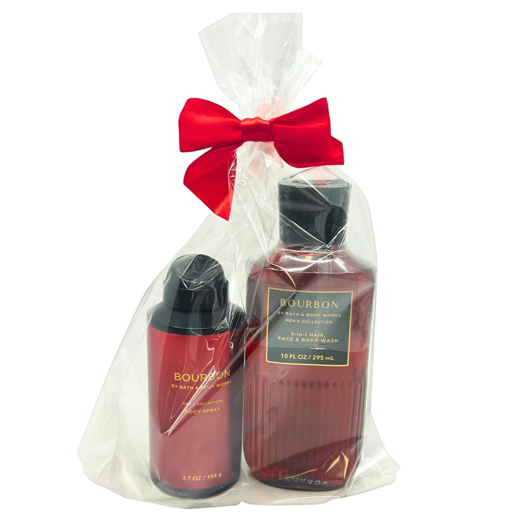 Bath and Body Works,HOLIDAY GIFT SET BOURBON FOR MEN - BODY WASH AND DEODORIZING BODY SPRAY- FULL SIZE (Red/Black)