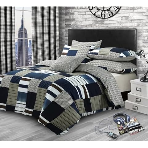 Velosso Denim Checked Patchwork Reversible Checkered Bedding Set Cover