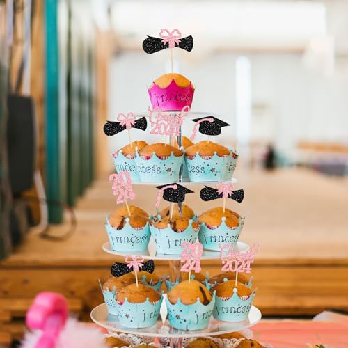 36 Pack 2024 Graduation Theme Cupcake Toppers Glitter Class of 2024 Diploma Graduation Cap Cupcake Picks 2024 Graduation Theme Party Cake Decorations Supplies Pink - Thumbnail 7