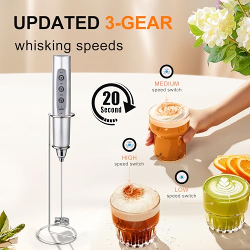 YUSWKO Silver Rechargeable Milk Frother for Coffee with Stand, Handheld Drink Mixer with 3 - image 3