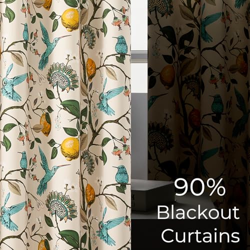 Image of Topfinel Beige Kitchen Tier Curtains 36 Inches Long Botanical Floral Hummingbird Grommet Room Darkening Half Window Drapes for Rv Cafe Basement Bathroom Dinning Room 2 Panels