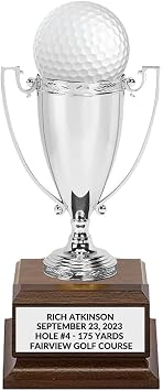 Silver Hole in One Golf Trophy Display, Custom Engraving, Metal Cup with Wood Base, 5.5 Inches Tall