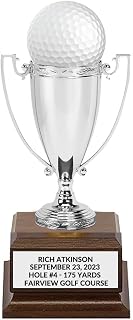 Silver Hole in One Golf Trophy Display, Custom Engraving, Metal Cup with Wood Base, 5.5 Inches Tall