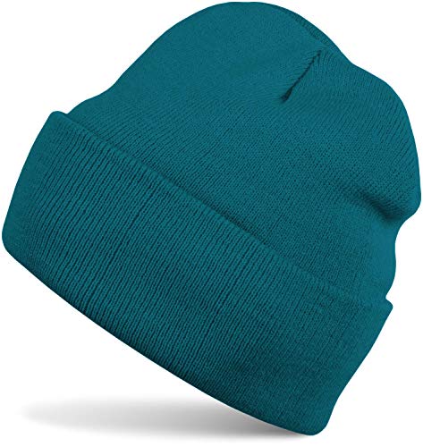 styleBREAKER Unisex Beanie Mütze einfarbig | Klassische Feinstrick Winter Strickmütze mit breitem Umschlag | Elastische Beanie in vielen Farben für Damen und Herren, Farbe:Petrol