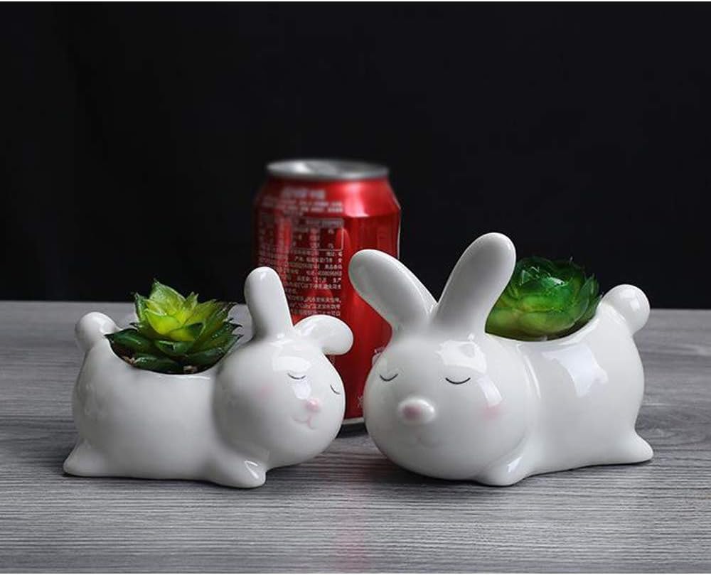 Mini Rabbit Plant Window Boxes White Mini Ceramic Flower Pot Cute Animals Succulent Planter Flowerpot (Mother and Son 1 Set)
