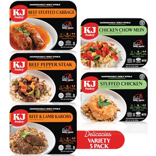 KJ Poultry Kosher Ready Meals - (5 Pack Variety - Beef & Chicken) Prepared Entree Fully Cooked, Shelf Stable Microwave Dinner Travel Military Camping Emergency Survival Protein Food
