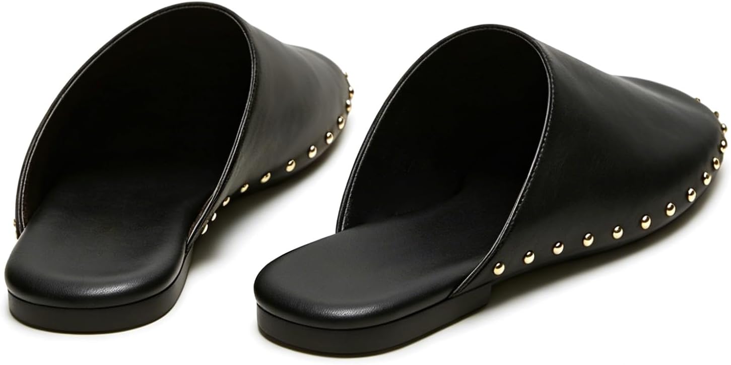 Women's Mules Comfortable Flats with Studded Backless Slip On Round Closed Toe Slides Casual Dressy Shoes