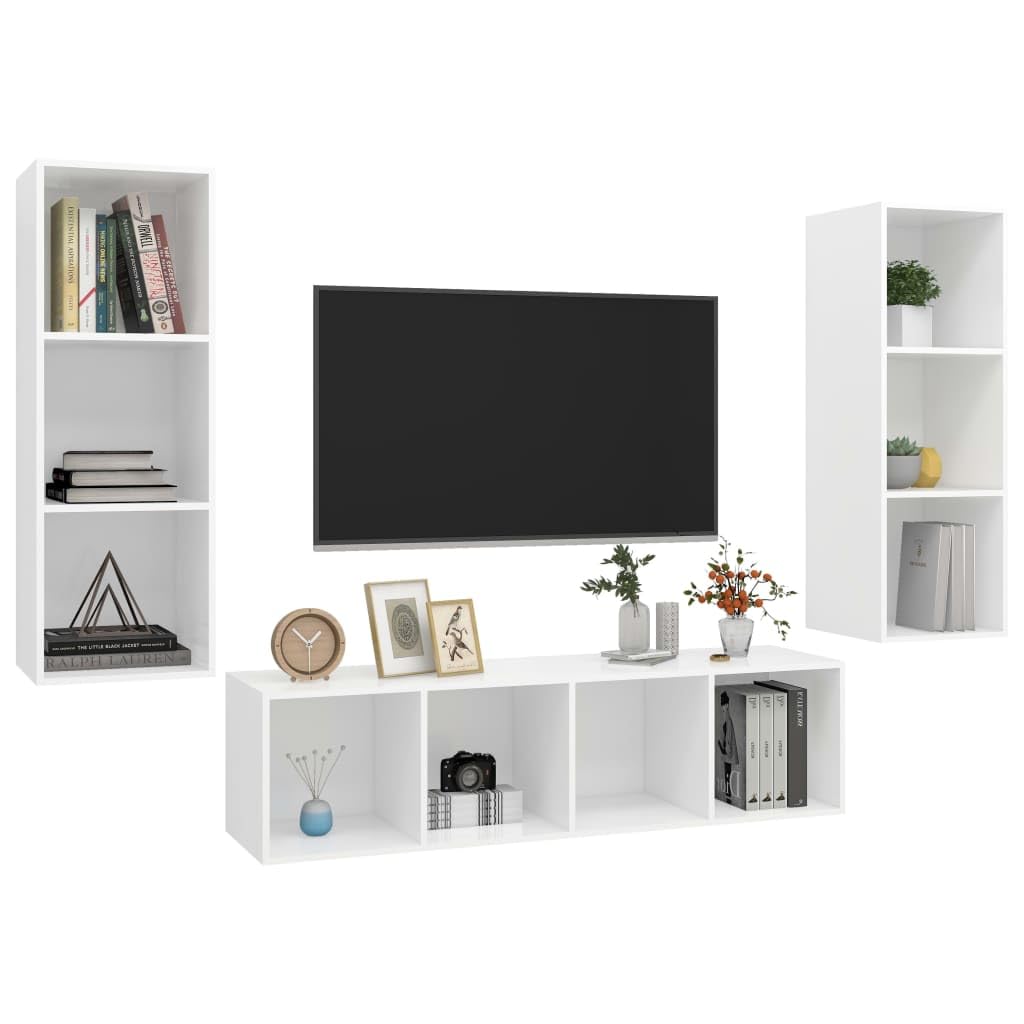 3-TLG. TV-Schrank-Set Weiß, Holzwerkstoff, Hängend, Modernes Design, Viel Stauraum für Wohnzimmer, Schlafzimmer, Media-Center, Einfache Reinigung