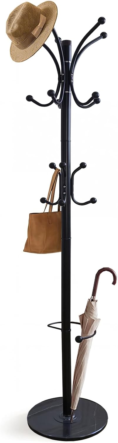 Metal Coat Rack Freestanding with Natural Marble Base, 360° Roraty Coat Rack Stand with 16 Hooks & Umbrella Holder, Black Heavy Duty Coat Rack for Coats Hats for Entryway Bedroom (Black)