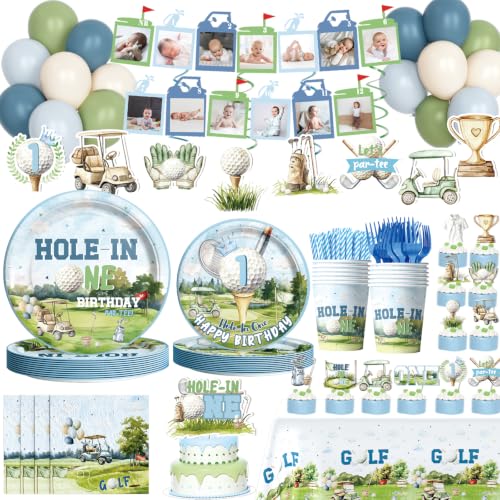 Fiesec Hole in One Birthday Decorations, 194 PCs Golf First Tableware Supplies Boy 1st Birthday Decor Set with Napkins Plates Forks Cups Straws Balloons Banner Tablecloths Cake Cupcake Toppers