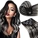 Produktbild [Spezialangebot] LaaVoo 35cm Remy Clip Echthaar Schawrz Balayage Silber 7Stück/120g Ombre Clip in Echthaar Extensions Black Silber Double Weft Clip in Haarverlängerung Glatt Full Head Clip Hair