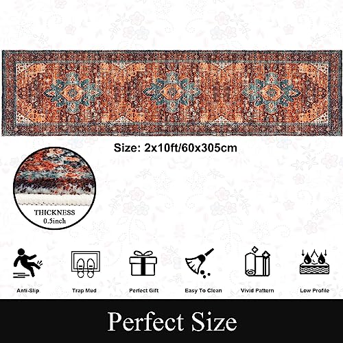 Shacos Hallway Runner Rug 2’X10’ Distressed Medallion Rug Runner Faux Wool Washable Carpet Indoor Soft Runner Rugs Vintage Rug Non Skid Entryway Rug Bathroom Bedroom Kitchen Runners, Rusty Red #TOP3