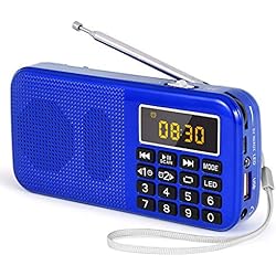 PRUNUS J-725 FM Radio Portatil Pequeña, Radio Digital Reloj Despertador, Radio Bateria Recargable de 3000mAh, Reproductor de AUX/USB/SD con Altavoz de 3W, Radio USB Portatil con Linterna LED(Azul)