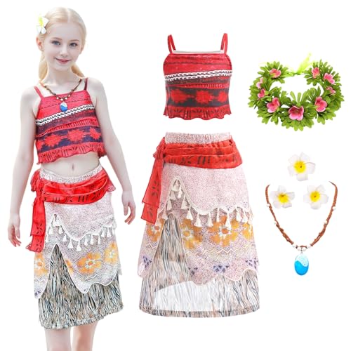 Forfamy Vestido de Princesa para Niñas Disfraz de Princesa Niña con Accesorios, Collares Guirnaldas Pinzas, Disfraz de Halloween para Niña de Cosplay, Cumpleaños, Carnaval