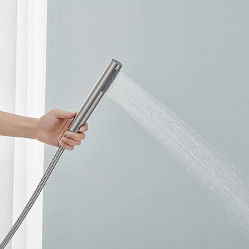 Miniatura 6 de Grifo de bañera independiente en cascada de níquel cepillado para montaje en el suelo, relleno de bañera de latón con una sola manija Grifos de baño