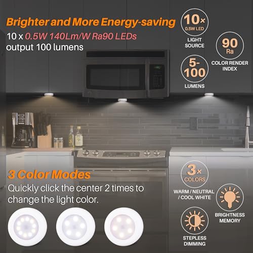 Image of STAR-SPANGLED 8 Pack 3.1 inch Dimmable Push Tap Lights, Stick on LED Touch Puck Lights AA Battery Operated, 3 Color Modes Sticky Button Lamps for Classroom, Kitchen, Under Cabinet, Closet