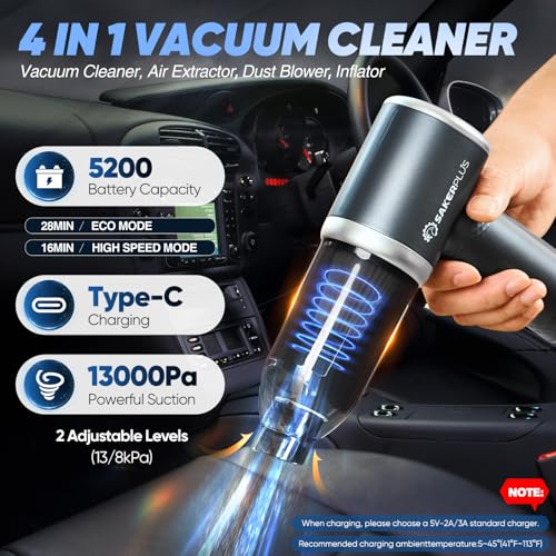 Image of SakerPlus Mini Vacuum Cleaner, 3 in 1 Cordless Handheld Vacuum Cleaner, 13000Pa High Power Car Vacuum Cleaner with Brushless Motor,Adjustable Car Vaccum Portable Cordless for Cars,Desktop-DBS03