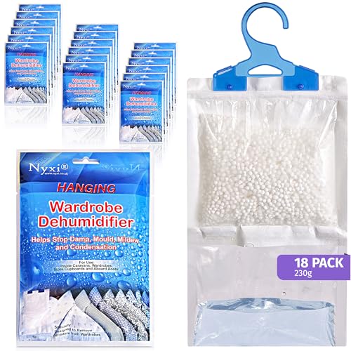 Nyxi Set of 18 Hanging Interior Wardrobe Dehumidifier - 230g Each Bag - Ideal to stop damp, mould mildew & condensation- For Wardrobe, Home, Kitchen, Garage, Bedroom, Caravan, Office, Basement etc option