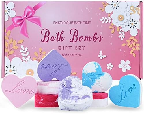 8 Pack Heart Shape Bath Bombs Gift Set, Natural and Organic Handmade Bath Bomb Gift Idea for Women Teens Girlfriend Kids, Essential Oils Bath Bombs for Birthday, Wedding, Spa, Valentine's Day