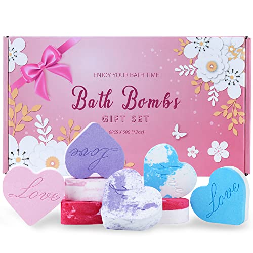 8 Pack Heart Shape Bath Bombs Gift Set, Natural And Organic Handmade Bath Bomb Gift Idea For Women Teens Girlfriend Kids, Essential Oils Bath Bombs For Birthday, Wedding, Spa, Valentine's Day #TOP24