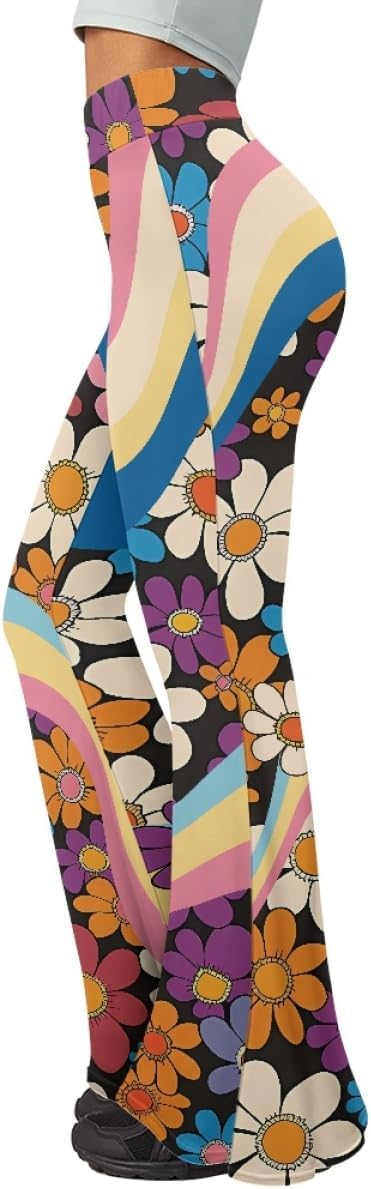 Women's 70S Yoga Pants Flare Ladies Hippie Flower Flared Leggings Athletic Leggings High Waisted Workout Pants