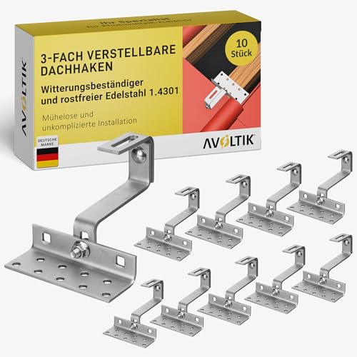 Avoltik 10x Dachhaken (3-fach verstellbar) Photovoltaik Halterung I Dachhalterungen Solarmodule A2 aus rostfreiem Edelstahl 1.4301 I robuste Dachhalterung Balkonkraftwerk zur sicheren Montage