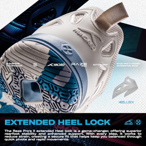 Image of Hundred Raze Pro II Badminton Shoes (Non Marking) Indoor Sports | Lightweight & Durable | X-Cushion | Active Grip Sole | Extended Heel Lock (White /Blue ; UK 11)