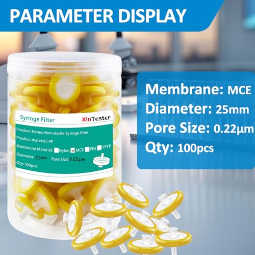 Image of Xin Tester 100 PCS Non-Sterile Syringe Filter MCE Membrane 25mm Diameter 0.22um Pore Size Hydrofilic Syringe Lab Filters