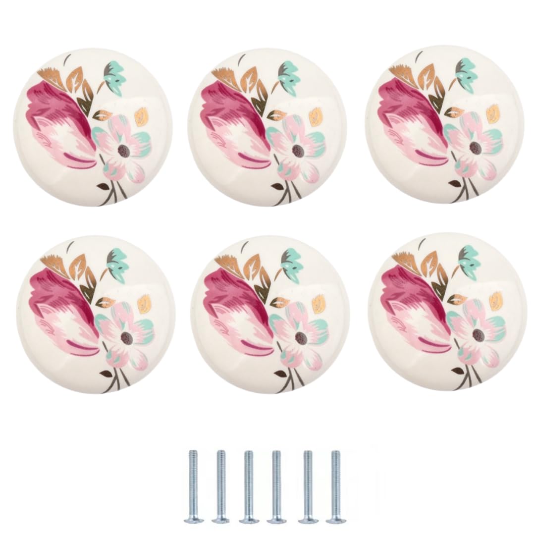 ENmrfvkz Ceramic Cupboard Drawer Handle Knobs, Ceramic Flower Drawer Knobs Multicolor 38x28mm 6 Pcs(Tulip)