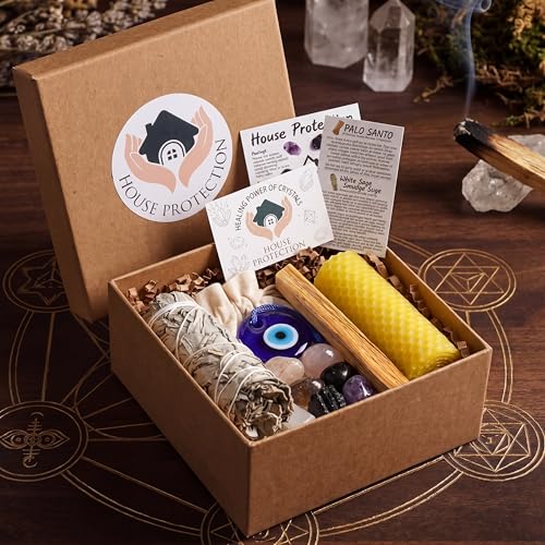 Leinuosen 14 Pcs House Protection Crystal Gift Set Spiritual Cleansing Smudge Sage Smudge Kit Includes Healing Crystals Palo Santo Spiritual Tools New Home Blessing Gift for Negative Energy Removal