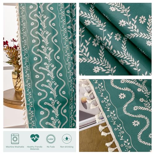 Image of Boho Curtains 45 Inch Long for Living Room, Bedroom, 2 Panels Floral Farmhouse Vintage Tassel Semi Sheer Light Filtering Privacy Window Curtain Drapes with Rod Pocket