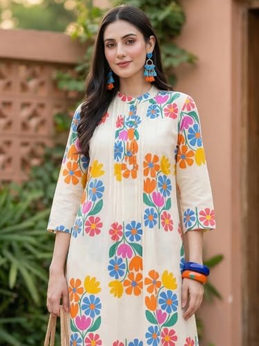 Image of INDO ERA Women Cotton White Printed Straight Kurta Pant Set