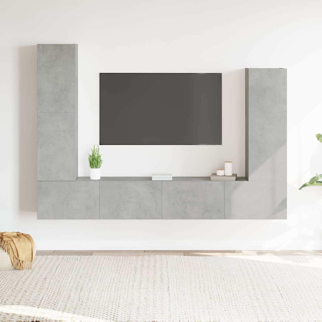 4-TLG. TV-Schrank-Set Betongrau, Holzwerkstoff, Wandmontage, Modernes Media-Center mit Stauraum, für Wohnzimmer und Schlafzimmer, 110/90/30 cm