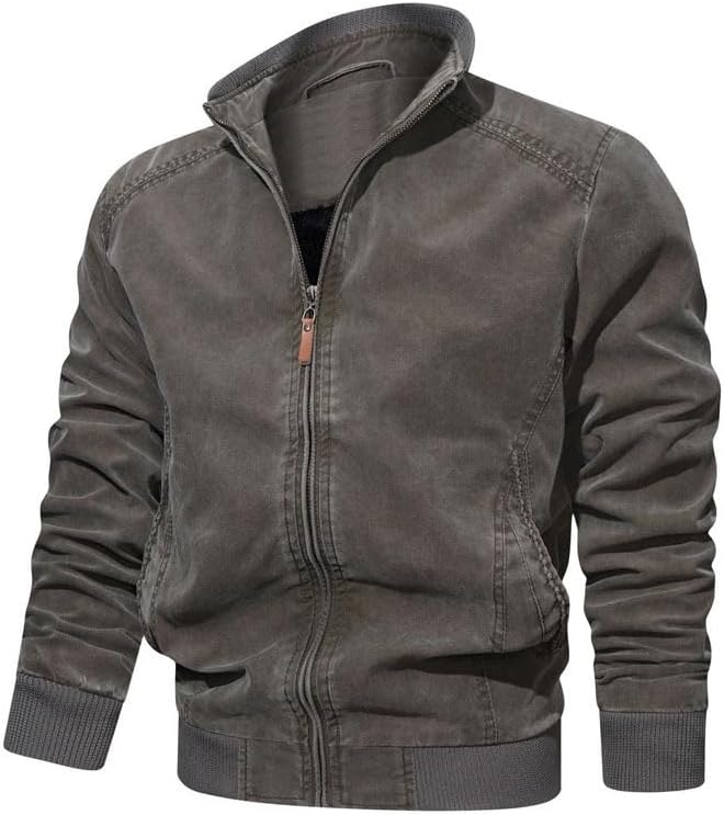 Men's Cotton Lightweight Jackets Zip Front Stand Collar Windbreaker Coat Solid Cargo Bomber Jacket with Pockets