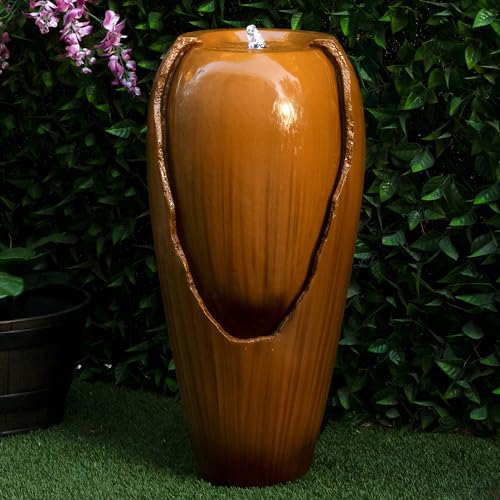 Alpine Corporation DIG100XS-BR Outdoor Floor Antique Jar Water Fountain with LED Lights, Vintage LED Waterfall, 33´´, Brown