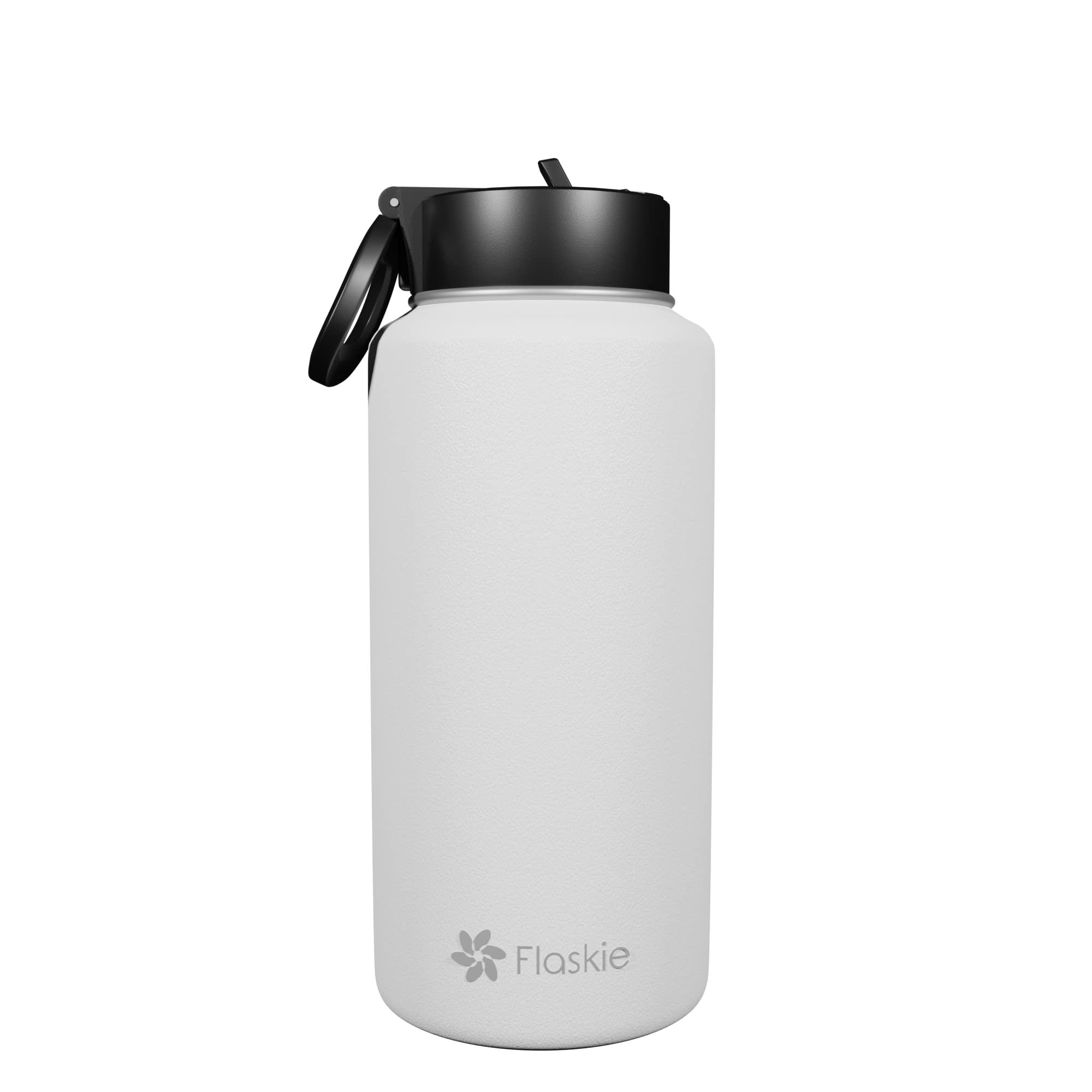 Flaskie Reusable Water Bottle 946 ml (32 oz) | Premium Double Walled Stainless Steel | Vacuum Insulated Flask | Carry Loop Straw Lid | Leakproof & BPA Free | Cold for 24 Hrs, Hot for 12 Hrs (White)