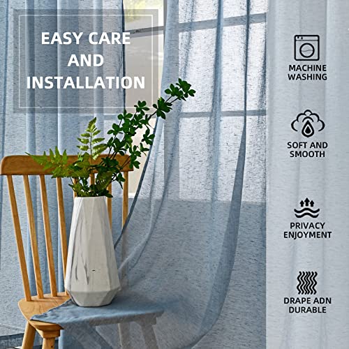 Youleyar Natural Linen Sheer Curtains, 63 Inch Length Grommet Top Semi Window Drapes, Light Reducing Linen Blend Sheer Curtain For Living Room And Bedroom, 2 Panels Denim #TOP6