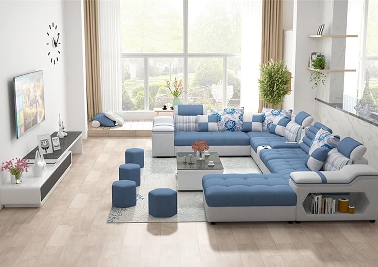 Image of Avion COMFORA U Shape 12 Seater Sofa Set for Living Room | Interchangeable U-Shaped Sectional Sofa Set with Cup Holder with 4 Puffy for Living Room & Office