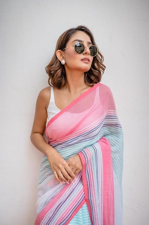 Image of RAJESHWAR FASHION WITH RF Women's Lime Green Floral Print Linen Cotton Saree with Contrast Pallu, Tassel Border, Traditional Summer Festive with Blouse Piece