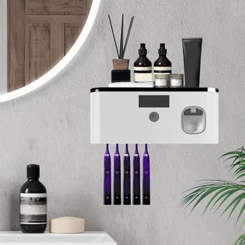 Soporte para Cepillo,Dispensador Automático de Pasta de Dientes y Portacepillos de Pared con 5 Ranuras,Porta Cepillo De Dientes con FuncióN De Esterilizador De Rayos Ultravioleta sin Taladrar