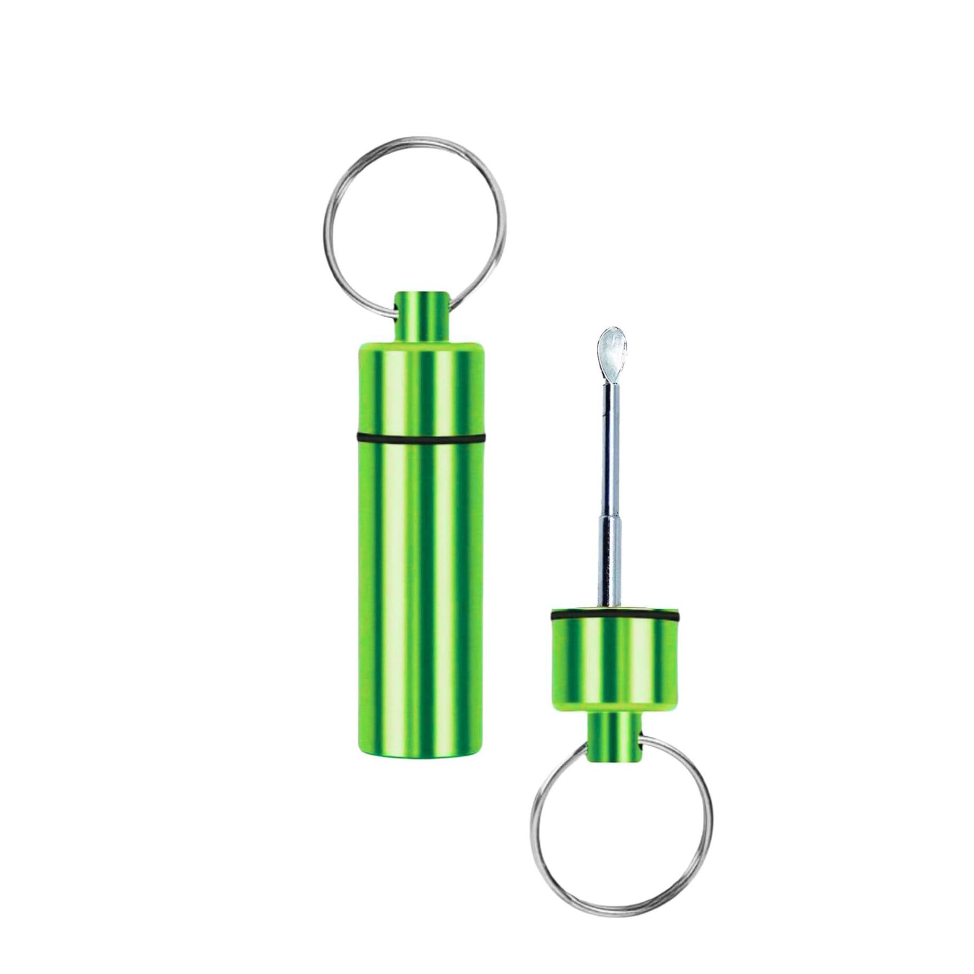 Aluminium Pill Case with Mini Telescopic Spoon Keyring Holder Colours Available (Green)
