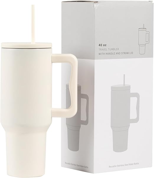 novelinks 40 oz Tumbler with Handle and Straw, Insulated Stainless Steel Cup for Large Water Capacity Leak-Proof Water Bottle for Water, Coffee and Various Beverages (White)