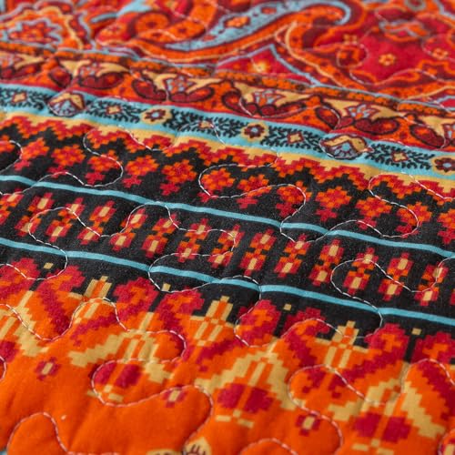 BEDIFANY Cotton King Size Quilt Set - Boho Lightweight King Bedspread - Colorful Orange Reversible Coverlets Quilt Bedding Sets - Oversized King Quilt Set for Bed Decorations for All Seasons, 3 Pieces