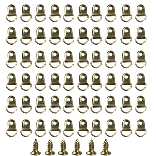 Image of D-Ring Picture Hangers with Screws - Bulk Pack of 50 - Small Single-Hole D Hooks for Secure Frame Hanging ,0.98IN*0.59IN Gold