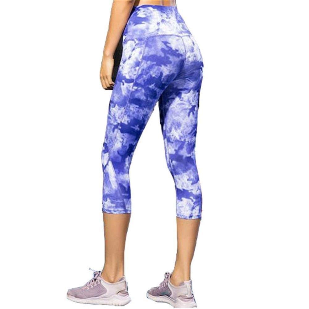 Yogahosen Damen, Frauen Print High Waist Dance Cropped Pants Schräge Tasche Fitness Laufen Yoga Ultra Stretch Atmungsaktivität Soft Sports Quick Dry Strumpfhose,Ink Blue-L