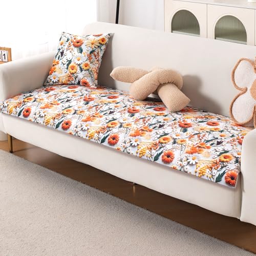 Image of HOKIPO 'Nature Muse' Premium HD Printed Holland Velvet Sofa Cover Mat for 1 /2 /3 Seater & L-Shape Sofa. Make Your Own Sofa Cover Set, Mat 70(D) x 240(L) cm, Marigold Bloom (IN-920-D7)