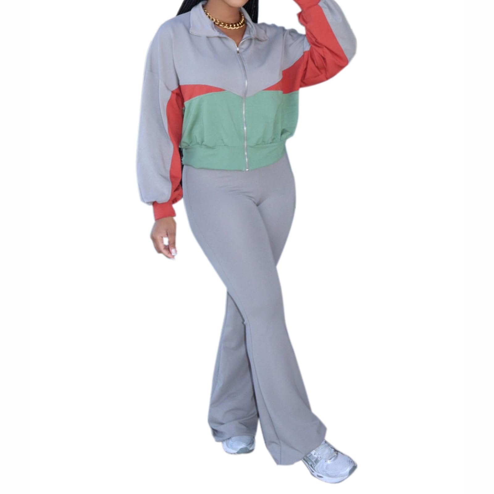 Greabuy Zweifarbiges Sport-Set für Damen, langärmelig, bauchfreie Jacken mit weitem Bein, Lounge-Sweathose, Trainingsanzüge, Sportbekleidungs-Set