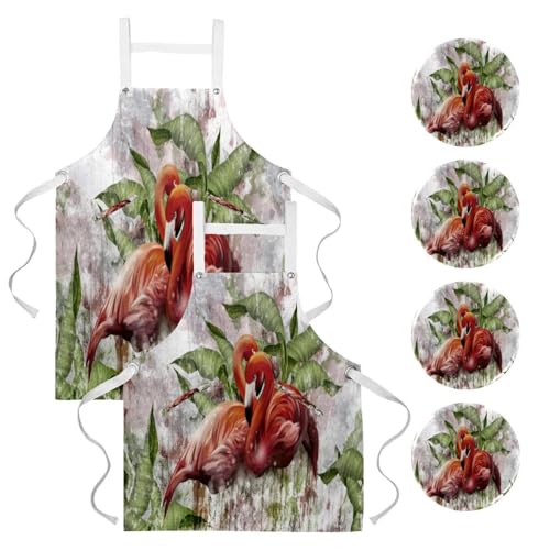 Tablier de cuisine flamant rose anti-taches avec ses 4 broches